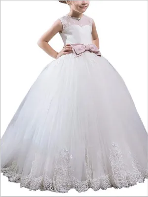 Tulle Scoop Sleeveless Flower Girl Dresses Floor Length Ball Gown With Bowknot