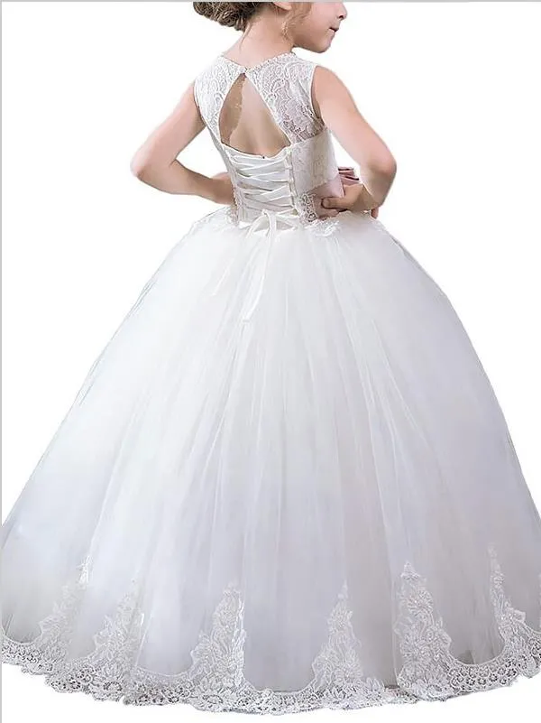 Tulle Scoop Sleeveless Flower Girl Dresses Floor Length Ball Gown With Bowknot