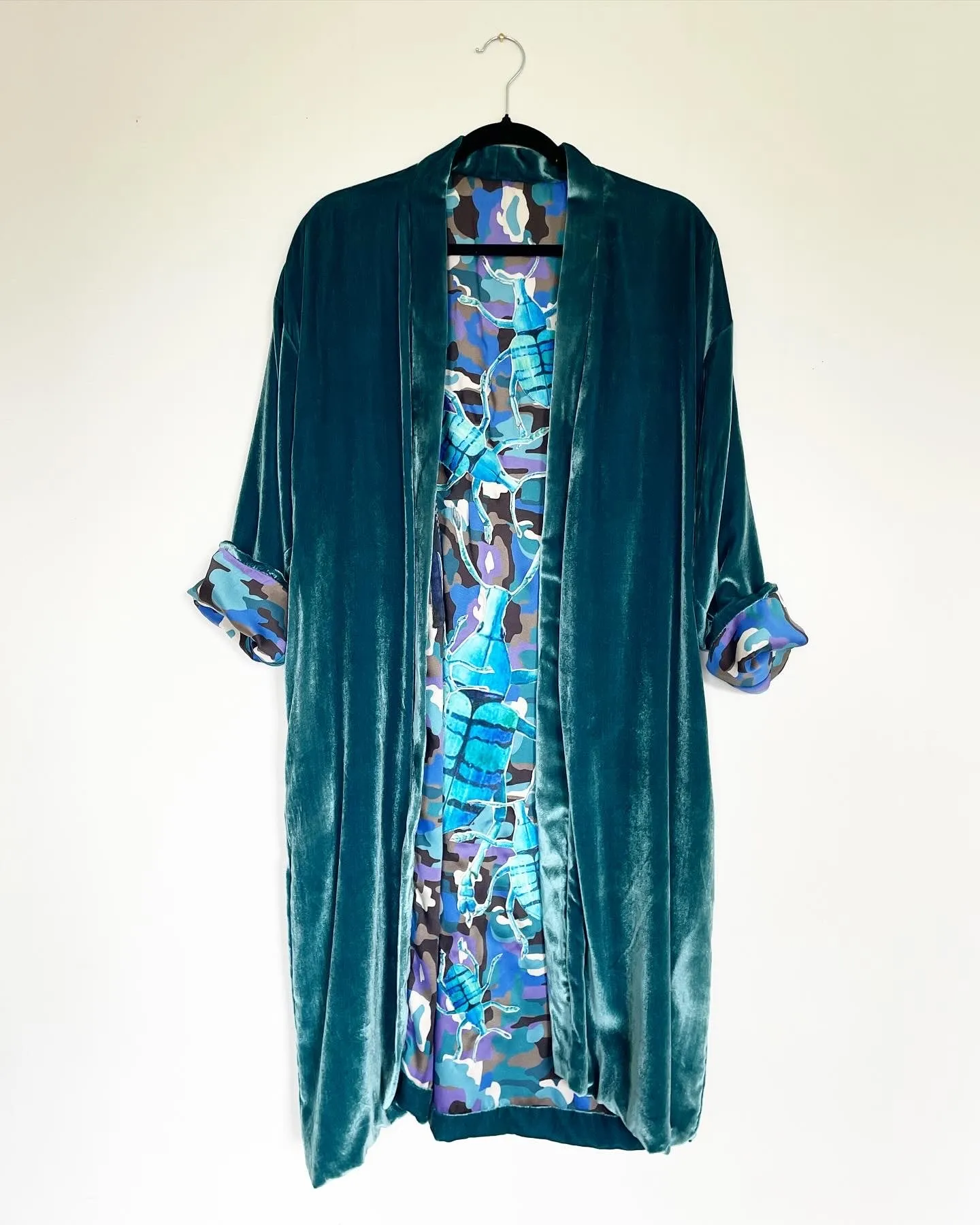 Turquoise Velvet Caftan with Beetle Artwork