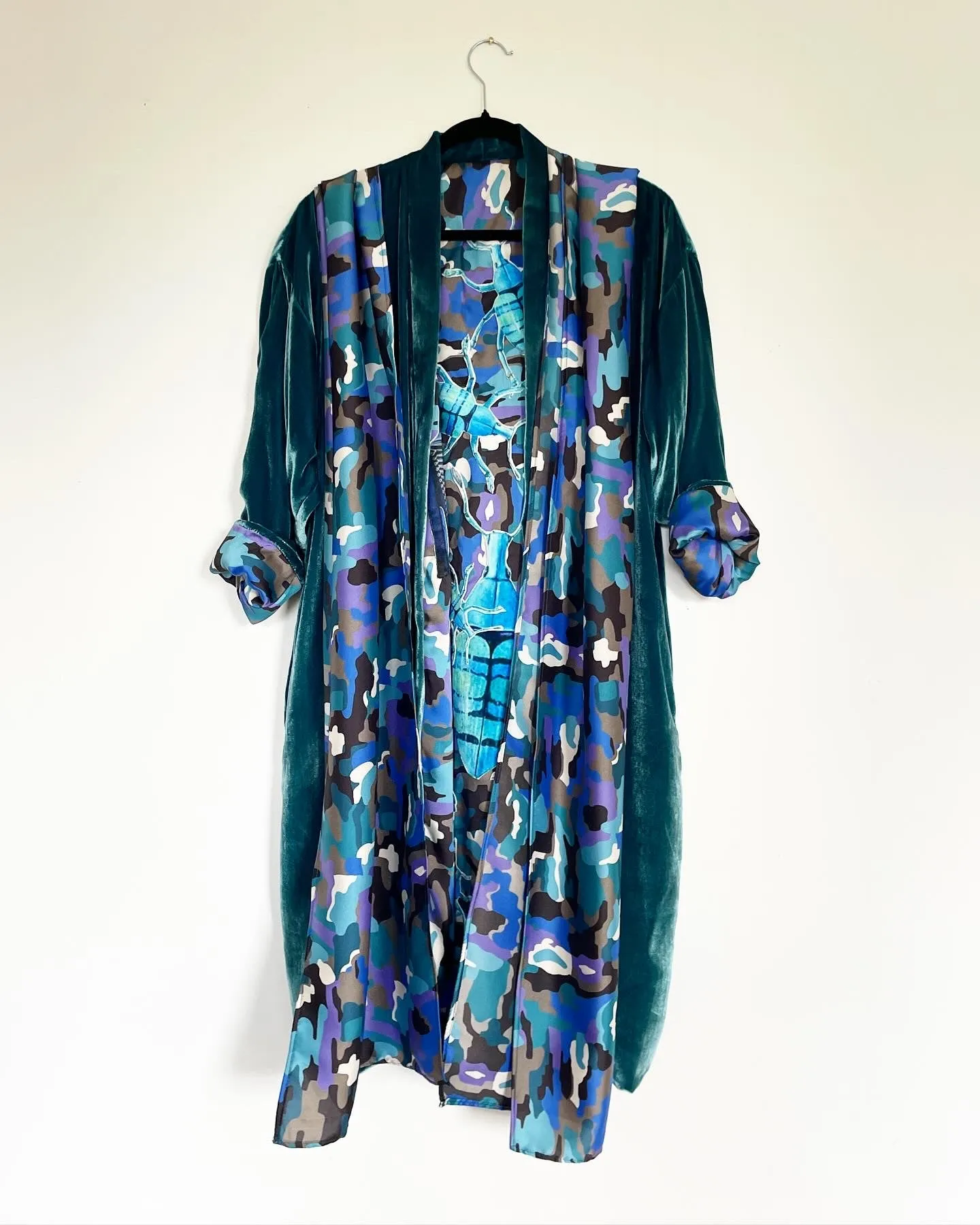 Turquoise Velvet Caftan with Beetle Artwork