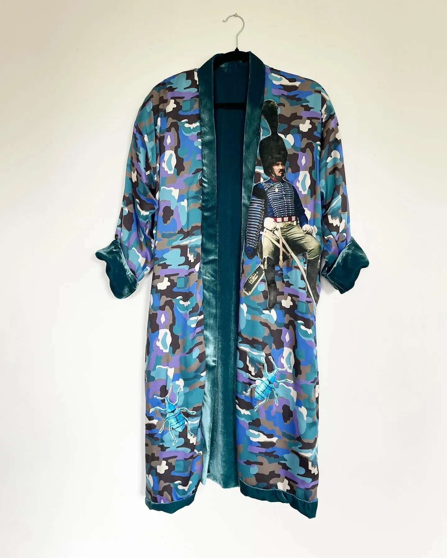 Turquoise Velvet Caftan with Beetle Artwork