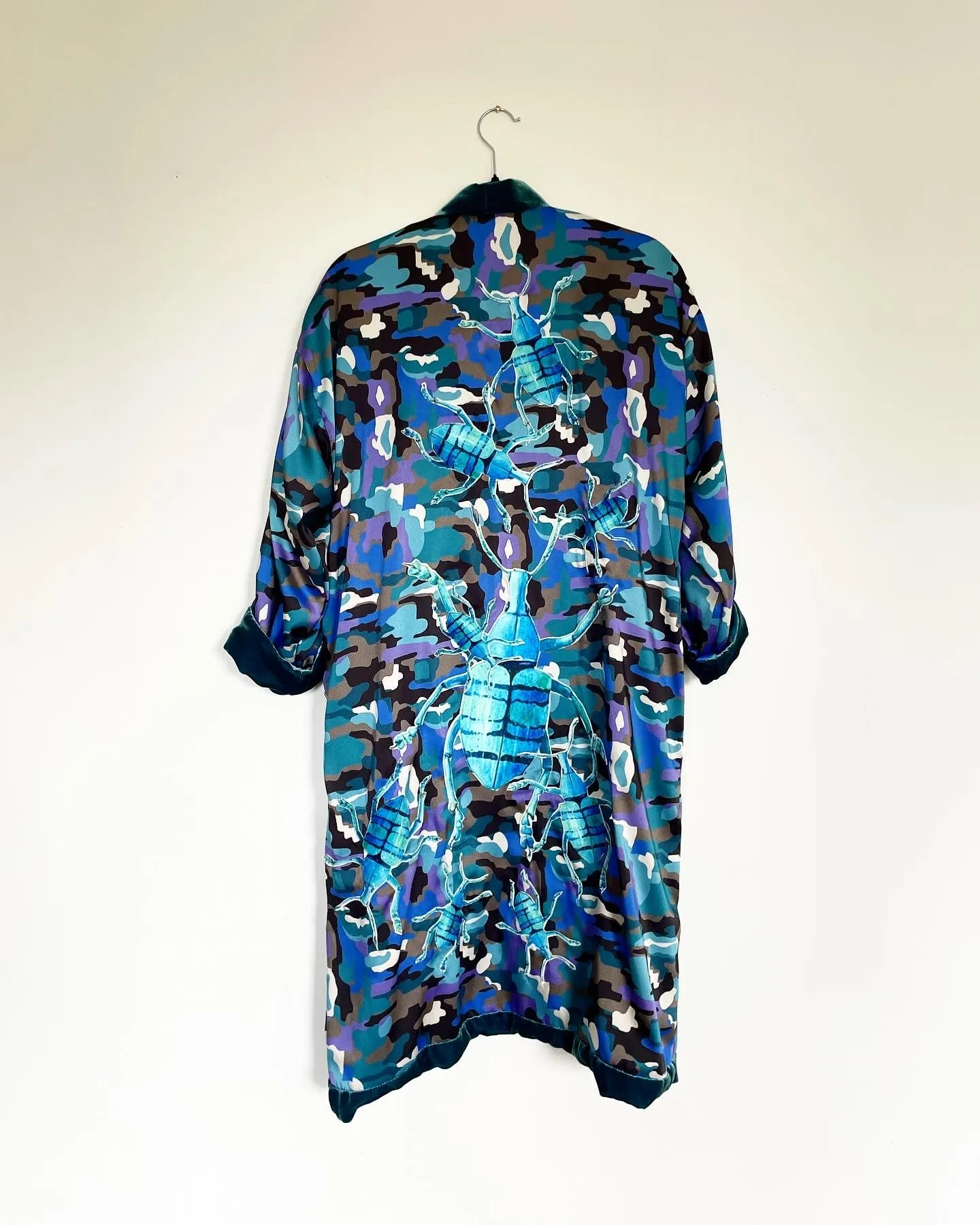 Turquoise Velvet Caftan with Beetle Artwork