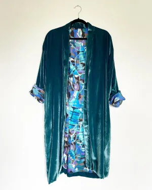 Turquoise Velvet Caftan with Beetle Artwork