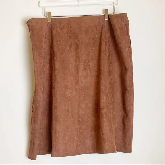 Ulla Popken Faux Suede Seam Detail Stretch Skirt, Gold Brown 20/22