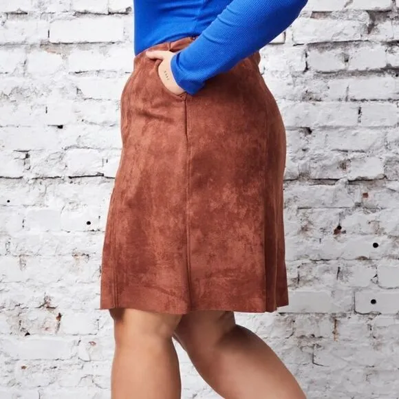 Ulla Popken Faux Suede Seam Detail Stretch Skirt, Gold Brown 20/22