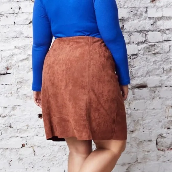 Ulla Popken Faux Suede Seam Detail Stretch Skirt, Gold Brown 20/22