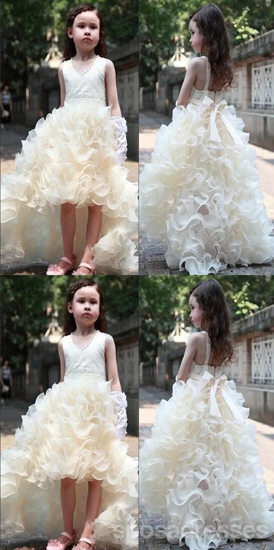 V-neck Hi-low Ivory Flower Girl Dresses, Cute Cheap Tutu Dresses, FG014