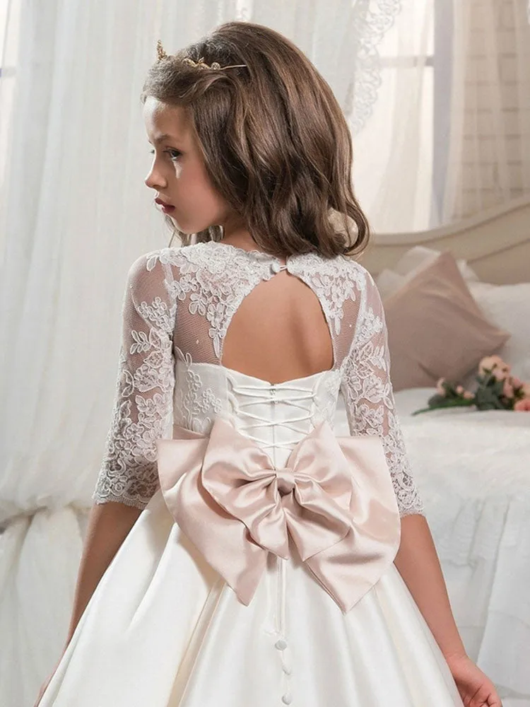 V-Neck Satin Fabric Half Sleeves Floor Length Princess Bows Kids Party Dresses