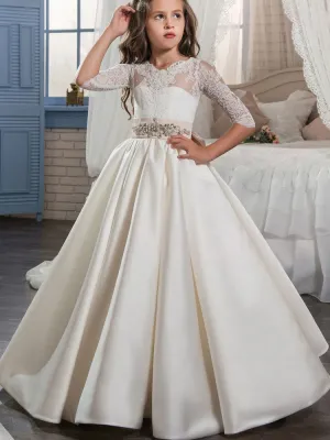 V-Neck Satin Fabric Half Sleeves Floor Length Princess Bows Kids Party Dresses