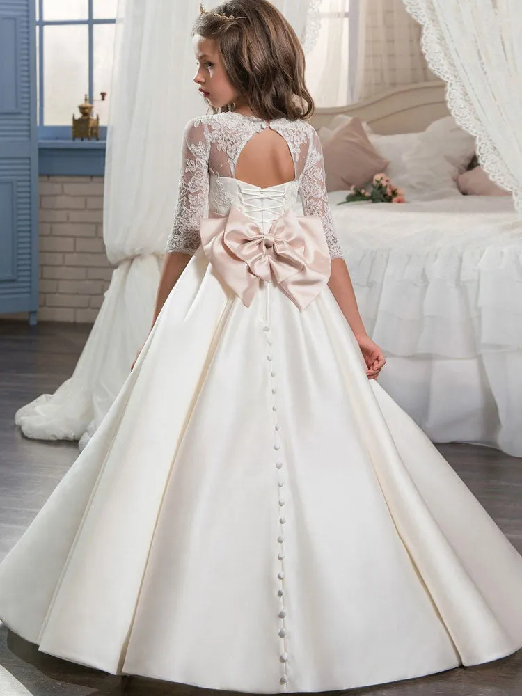 V-Neck Satin Fabric Half Sleeves Floor Length Princess Bows Kids Party Dresses