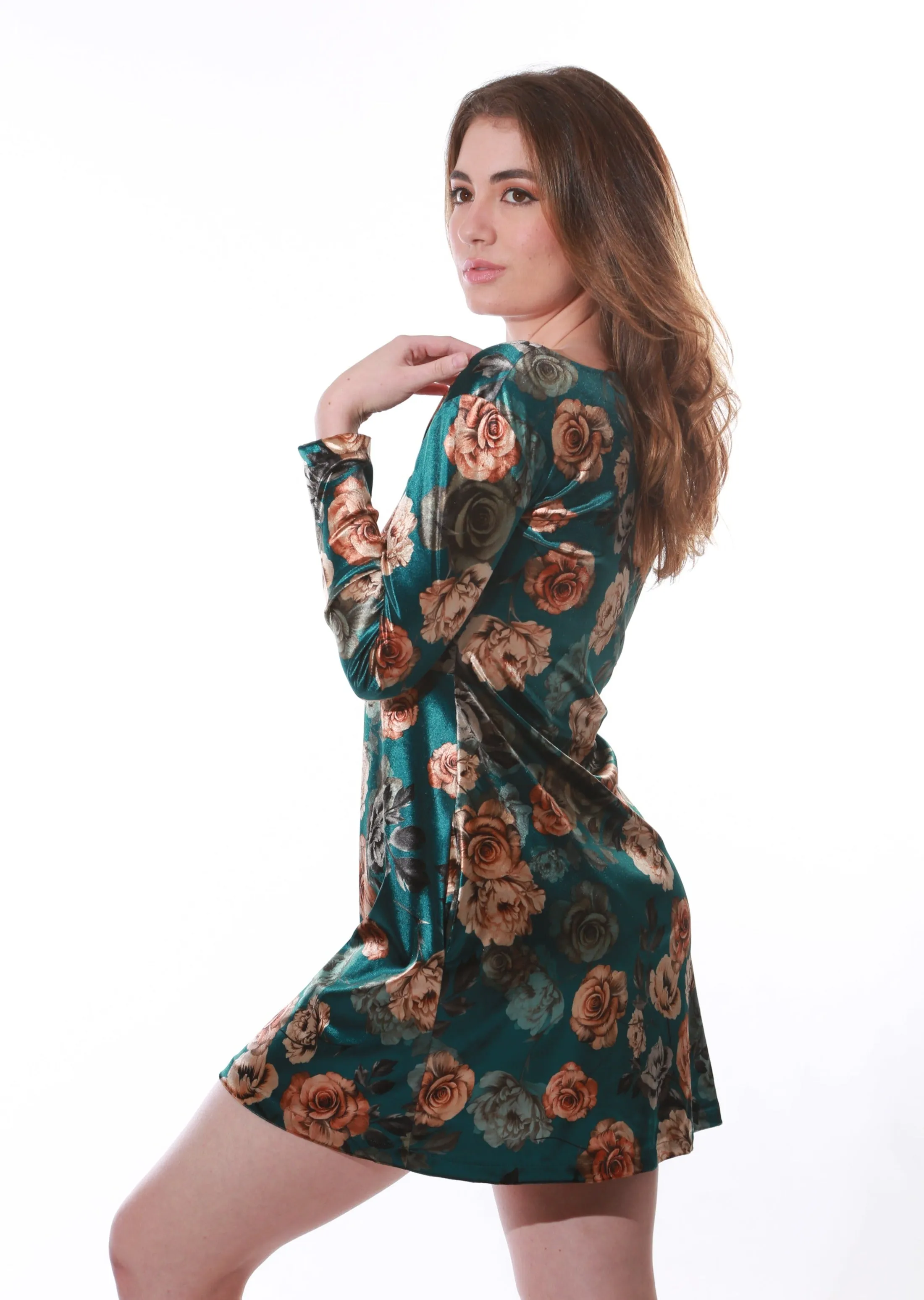 Velvet floral mini dress-Green