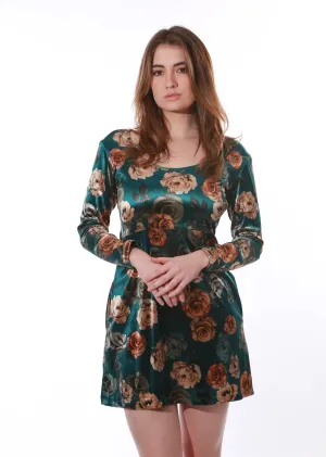 Velvet floral mini dress-Green