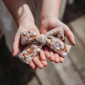 Velvet Hair Bow with Sequin - Beach Sand