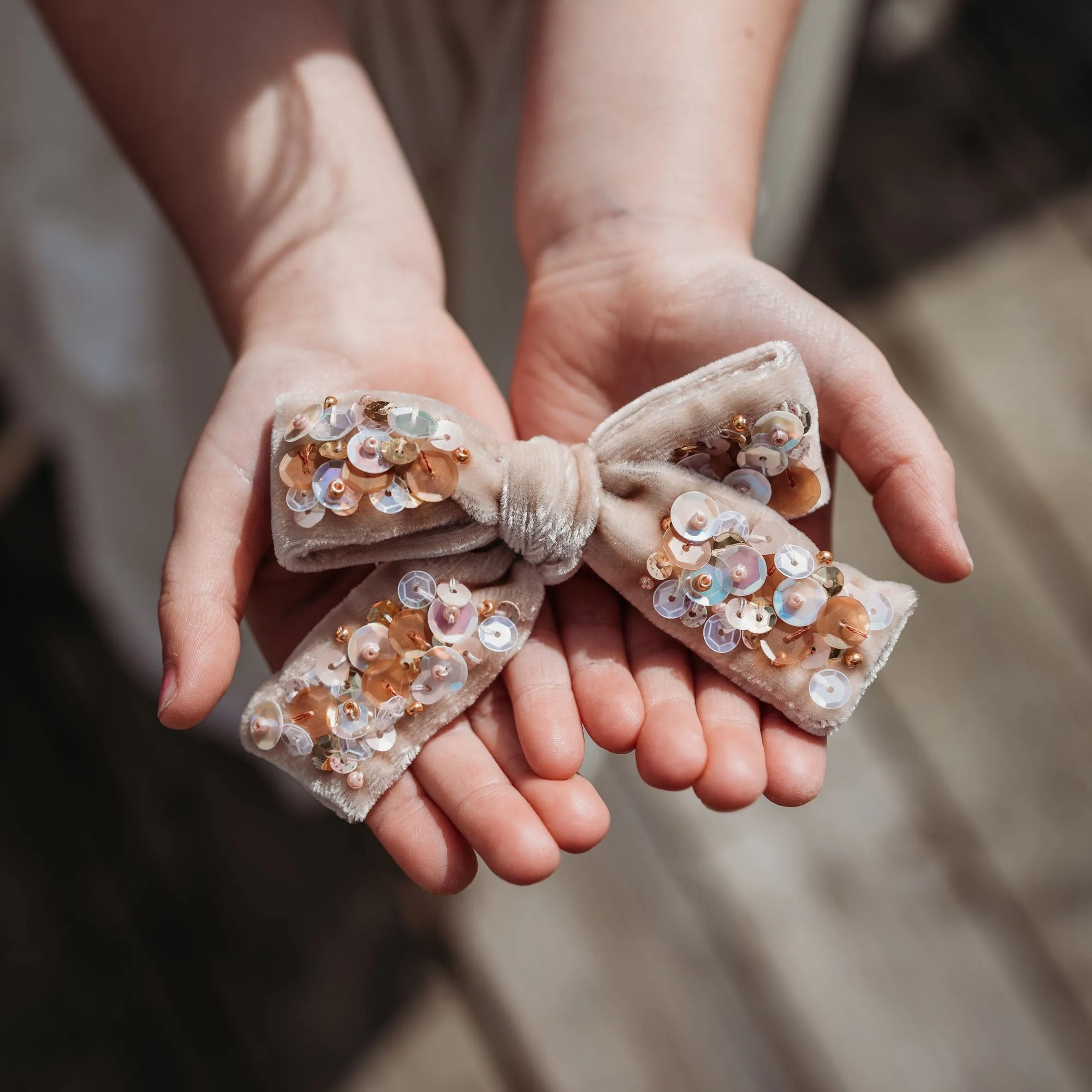 Velvet Hair Bow with Sequin - Beach Sand