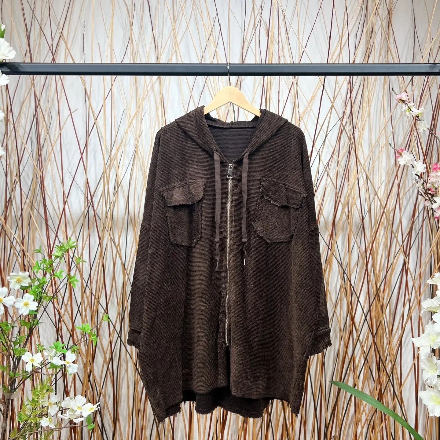 Velvet Pleated Velvet Worn Effect Wide Zip Hoodie