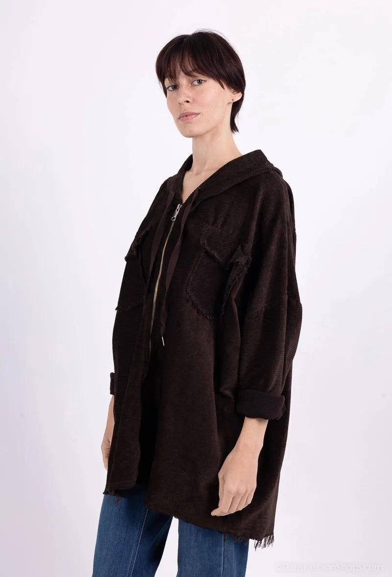 Velvet Pleated Velvet Worn Effect Wide Zip Hoodie