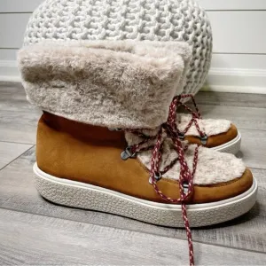 Victoria Lace Up Suede Faux Fur Winter Snow Ankle Boots Camel Size 41