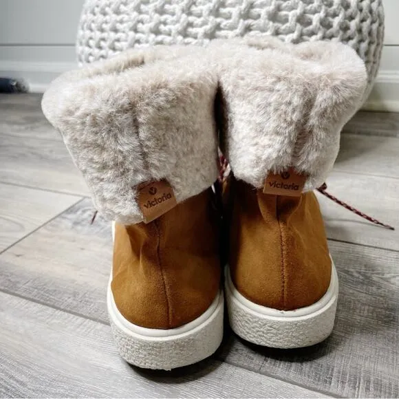 Victoria Lace Up Suede Faux Fur Winter Snow Ankle Boots Camel Size 41