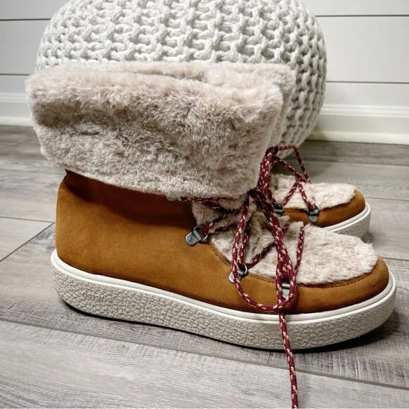 Victoria Lace Up Suede Faux Fur Winter Snow Ankle Boots Camel Size 41