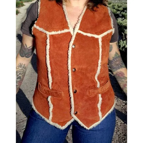 Vintage dark rust suede Sherpa vest