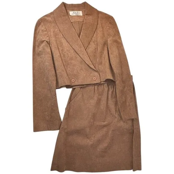 Vintage Mollie Parnis Brown Ultra Suede Skirt Cropped Jacket Set Size 8