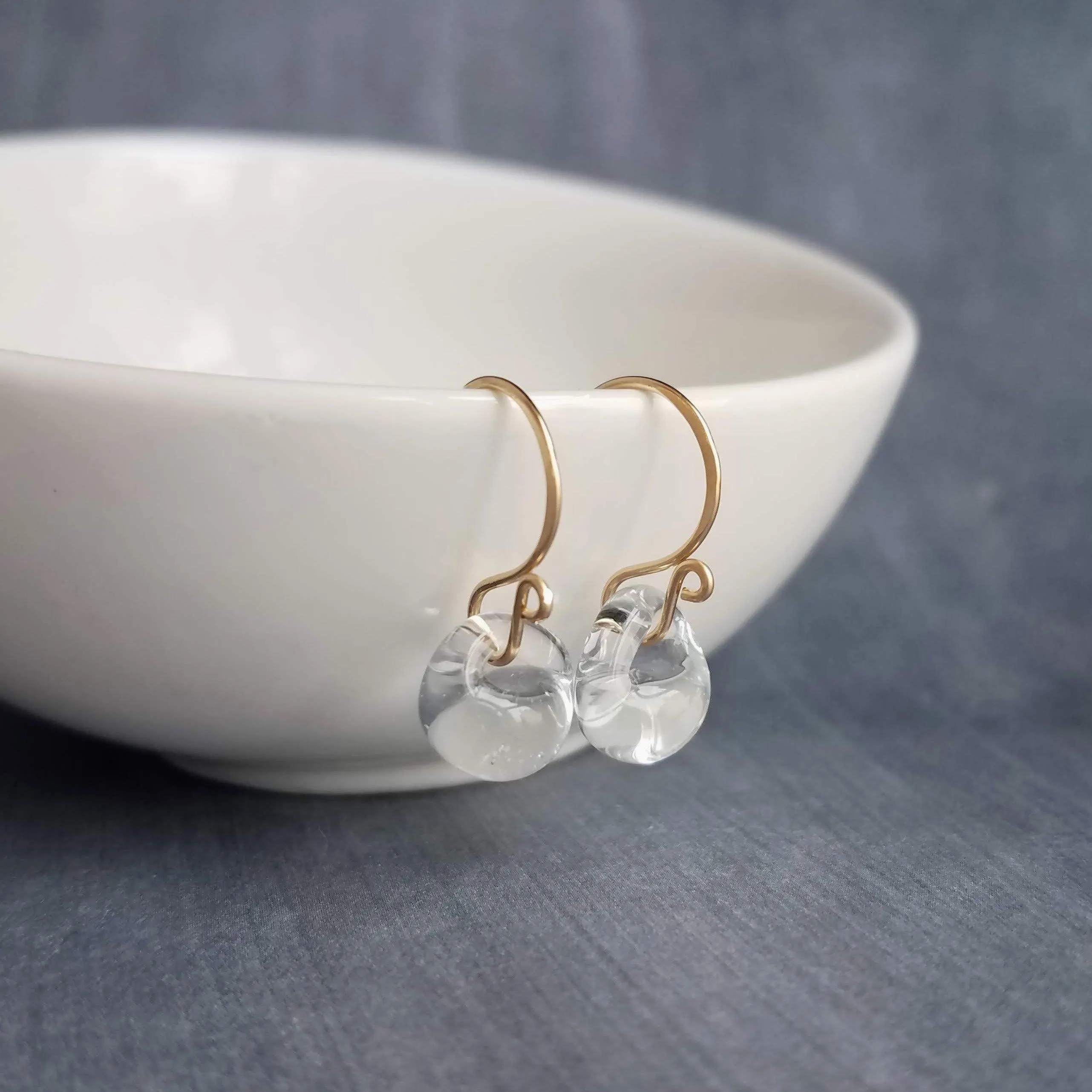Water Drop Earring, 14K gold hooks, clear glass teardrop earring, solid glass drops, clear glass dangles, elegant earrings, simple earrings