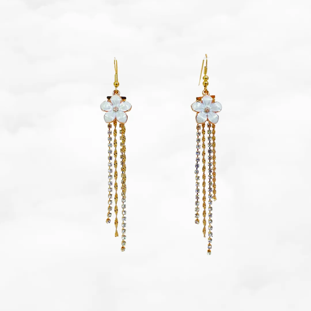 White Enamel Flower Tassel Earrings