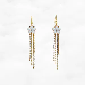 White Enamel Flower Tassel Earrings