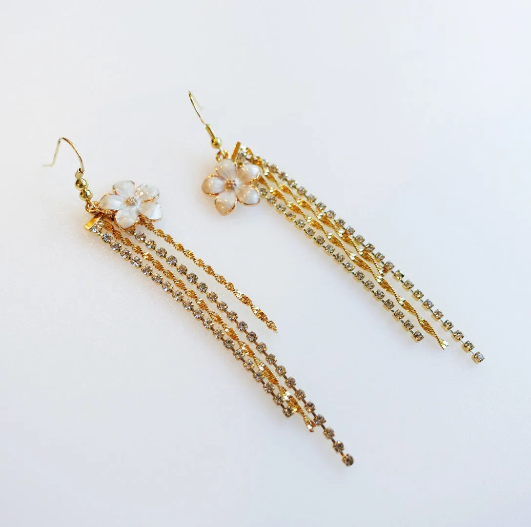 White Enamel Flower Tassel Earrings