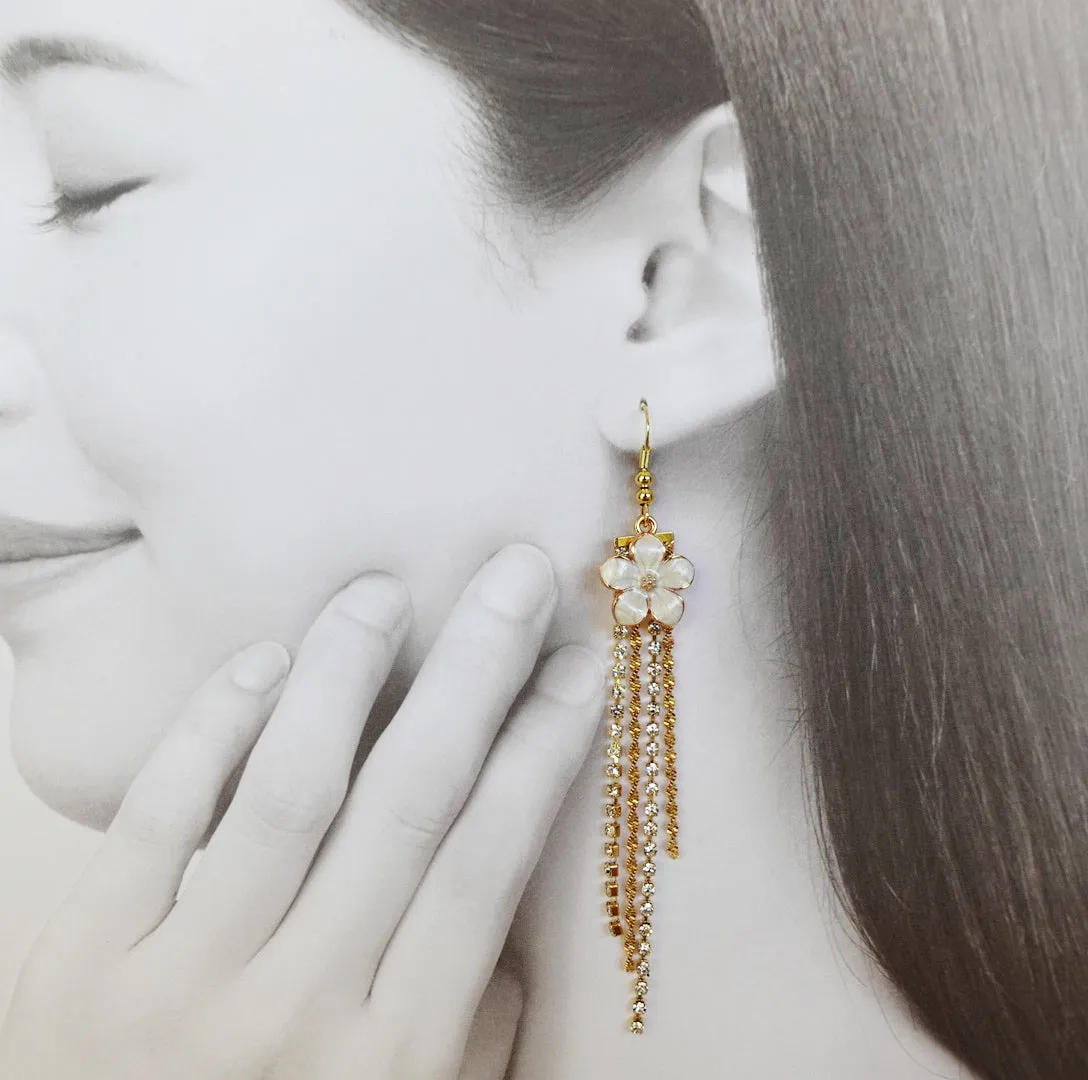 White Enamel Flower Tassel Earrings