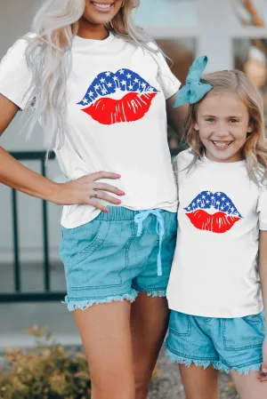 White Family Matching Mom's American Flag Lip Print Short Sleeve T Shirt