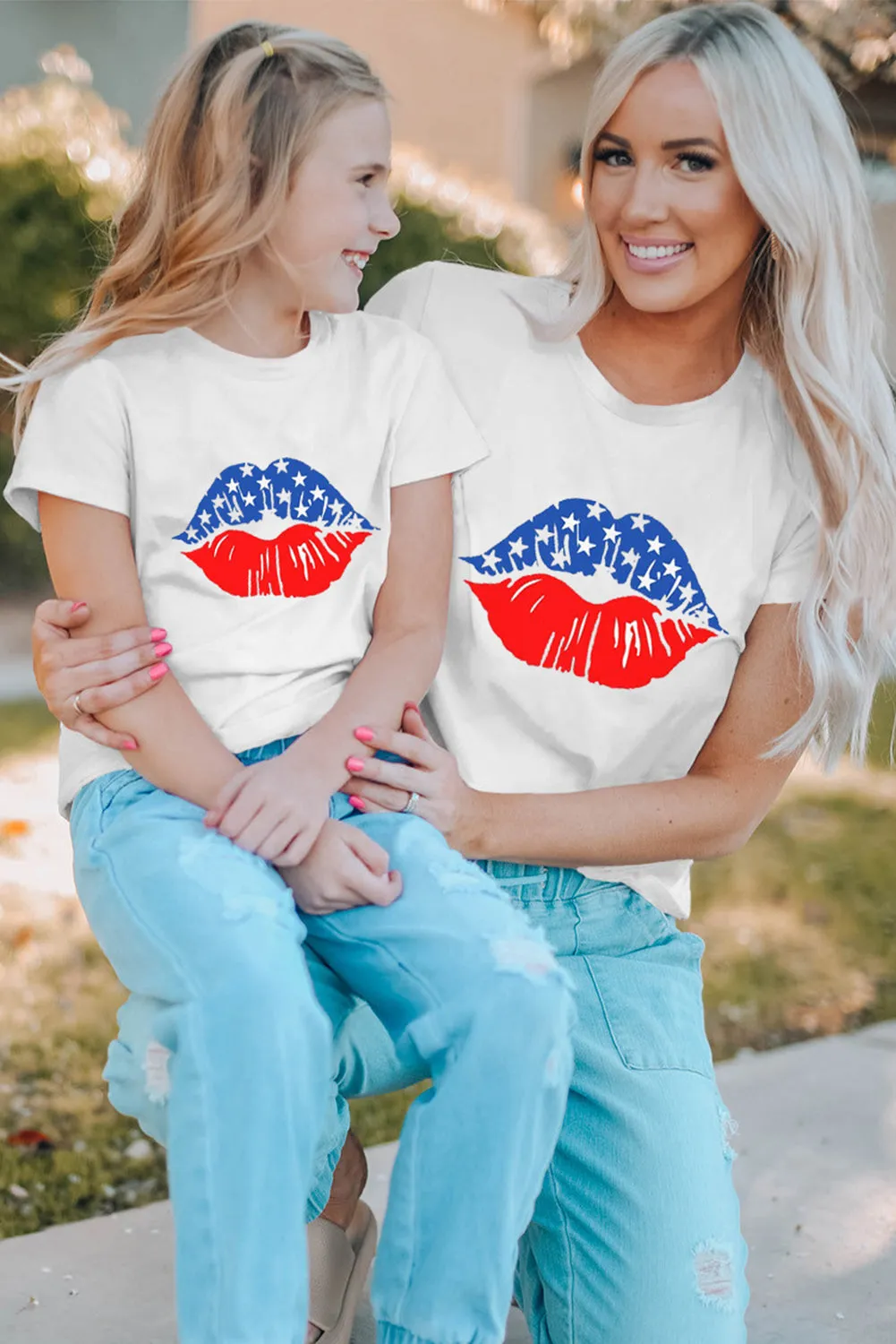 White Family Matching Mom's American Flag Lip Print Short Sleeve T Shirt