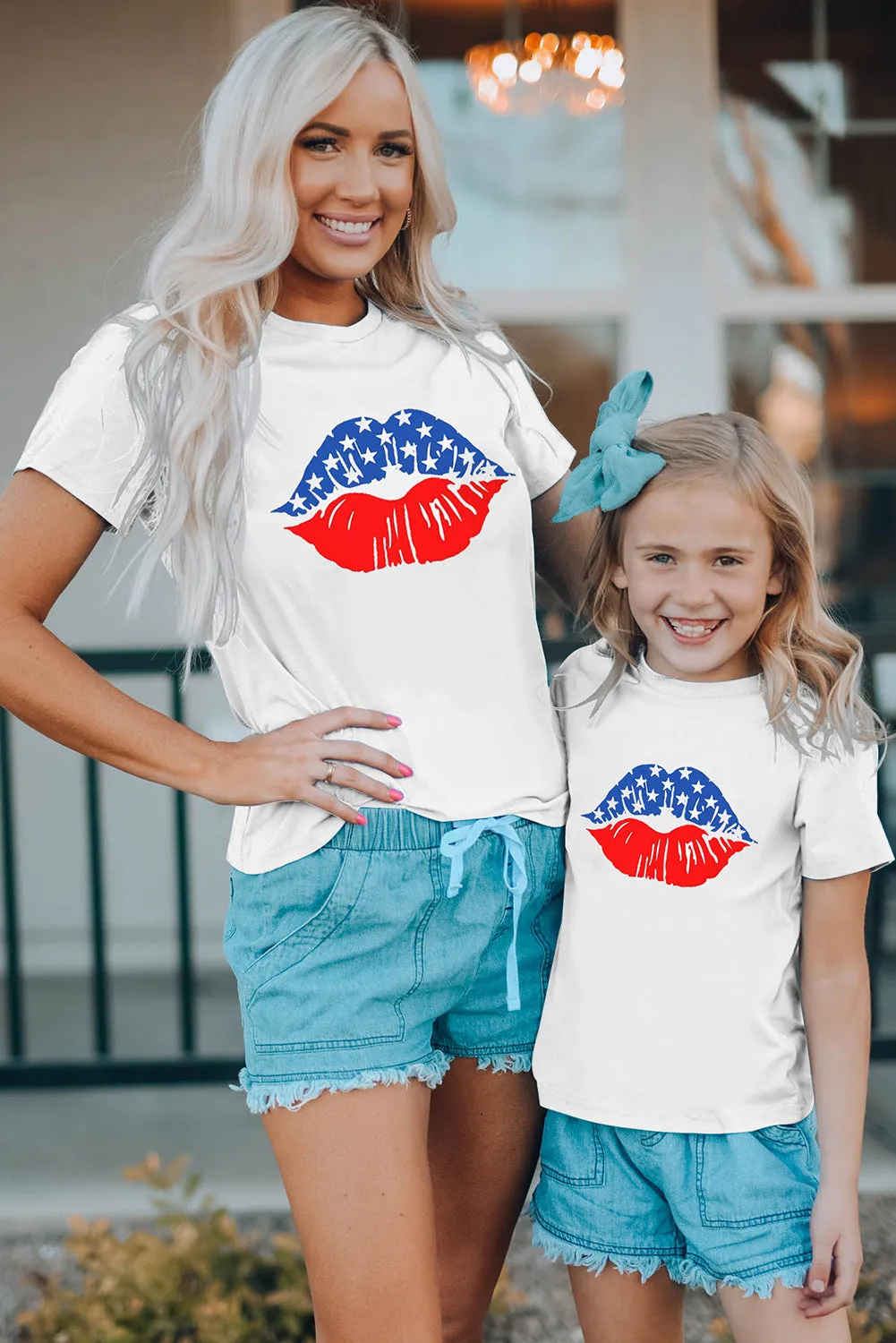 White Family Matching Mom's American Flag Lip Print Short Sleeve T Shirt