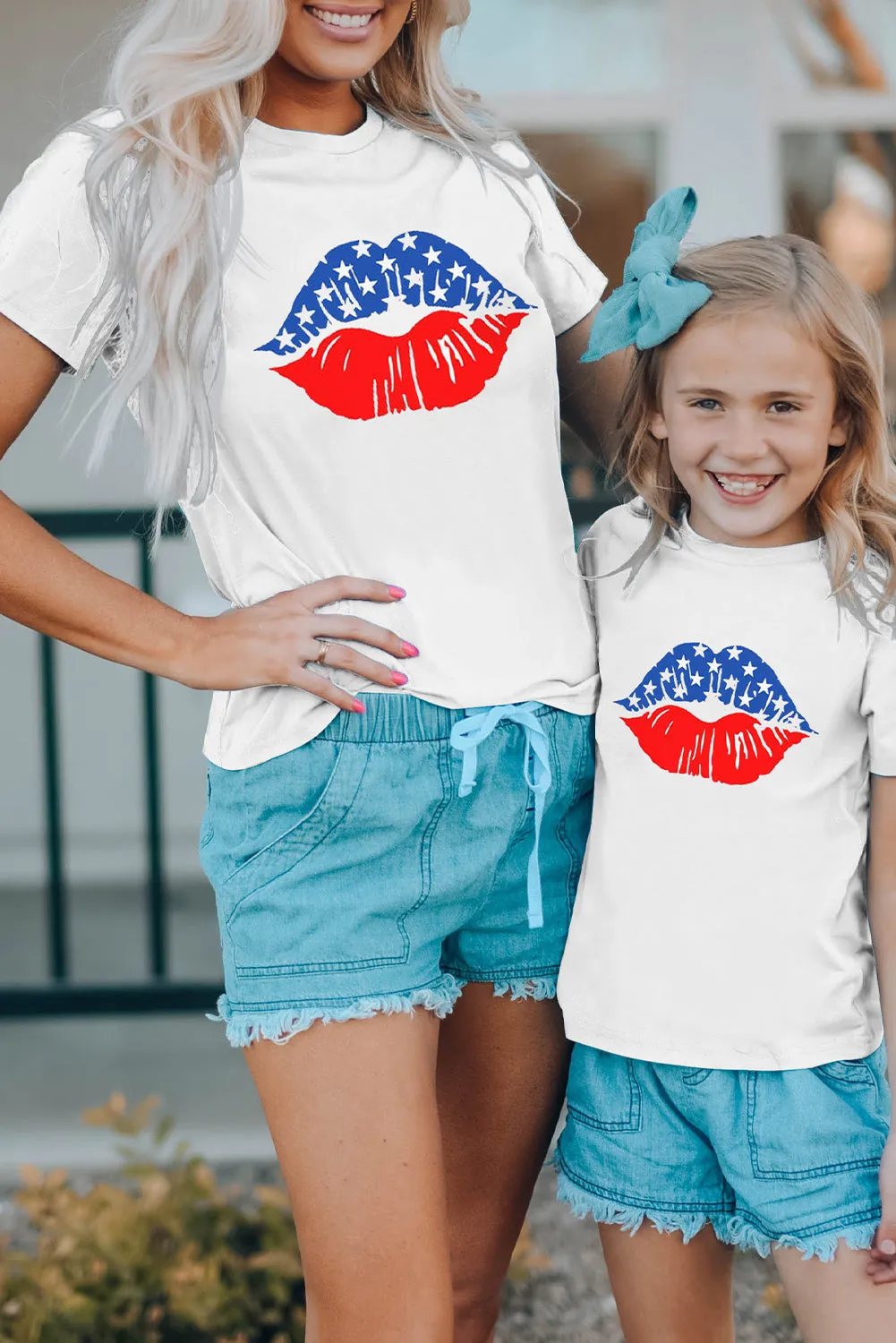 White Family Matching Mom's American Flag Lip Print Short Sleeve T Shirt