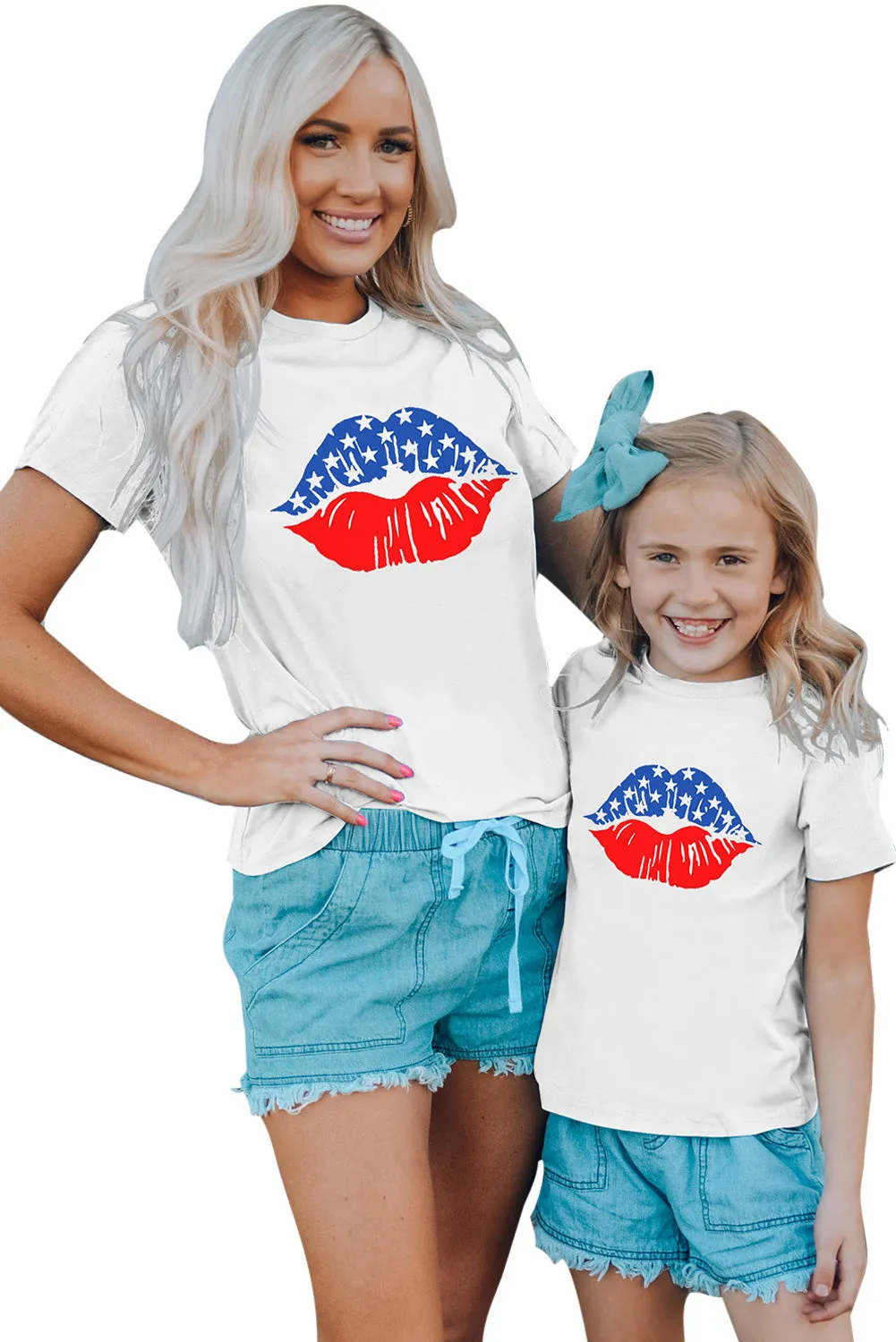 White Family Matching Mom's American Flag Lip Print Short Sleeve T Shirt