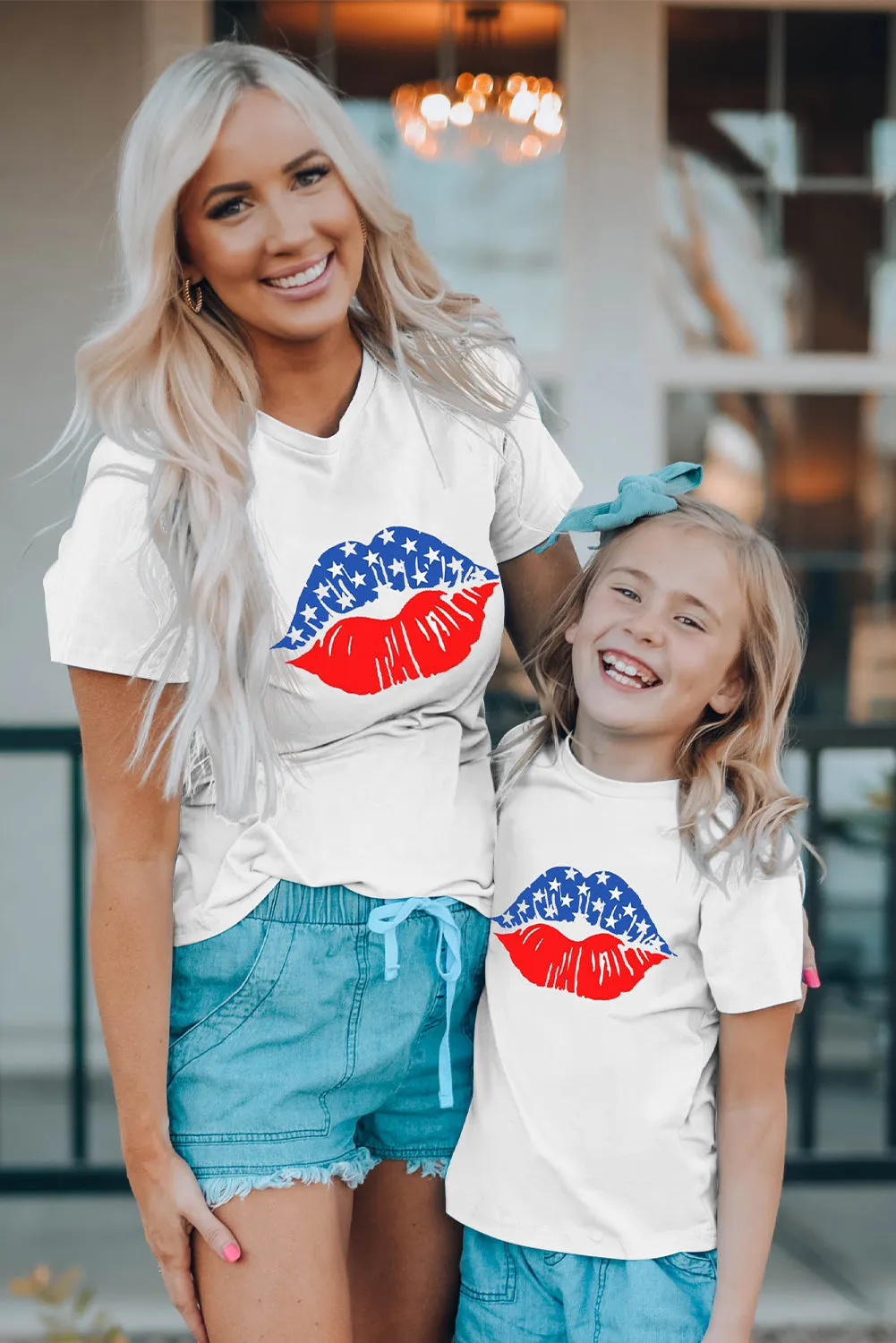 White Family Matching Mom's American Flag Lip Print Short Sleeve T Shirt