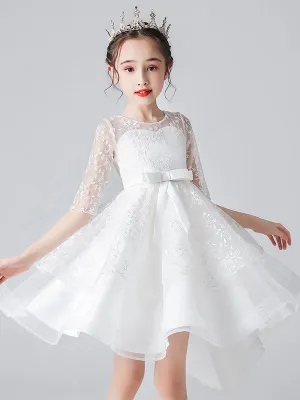 White Jewel Neck Half Sleeves Bows Kids Social Party Dresses