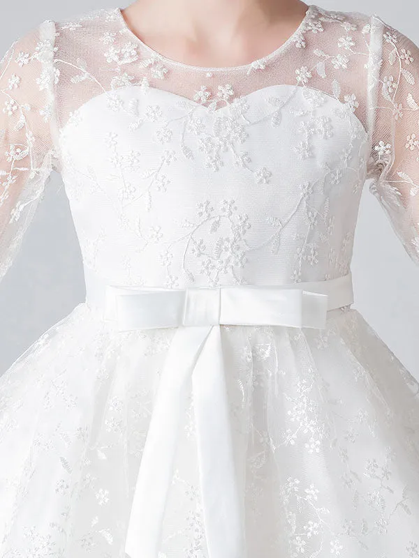 White Jewel Neck Half Sleeves Bows Kids Social Party Dresses