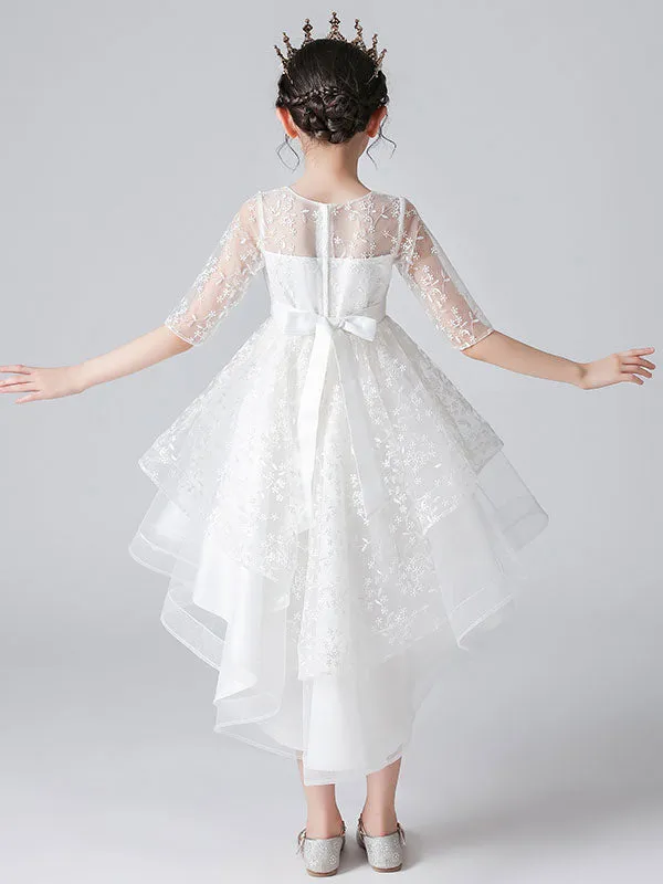 White Jewel Neck Half Sleeves Bows Kids Social Party Dresses
