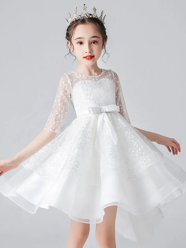 White Jewel Neck Half Sleeves Bows Kids Social Party Dresses