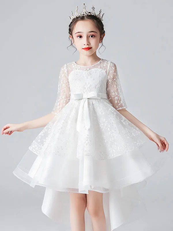 White Jewel Neck Half Sleeves Bows Kids Social Party Dresses
