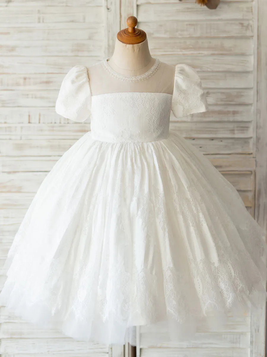 White Jewel Neck Short Sleeves Beaded Formal Kids Pageant flower girl dresses