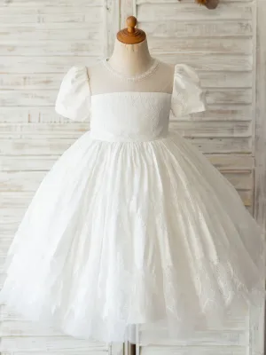 White Jewel Neck Short Sleeves Beaded Formal Kids Pageant flower girl dresses