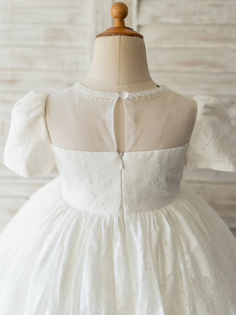 White Jewel Neck Short Sleeves Beaded Formal Kids Pageant flower girl dresses