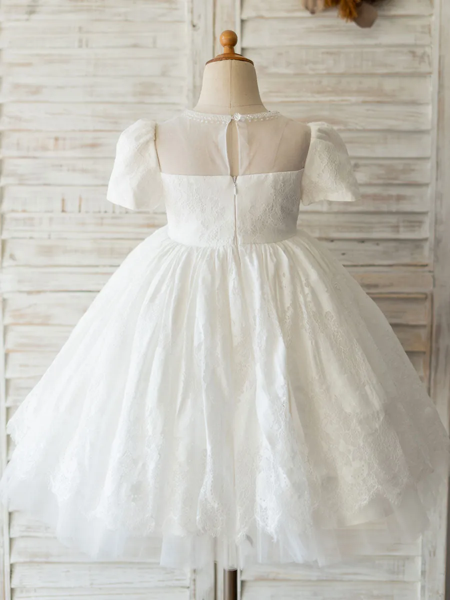 White Jewel Neck Short Sleeves Beaded Formal Kids Pageant flower girl dresses