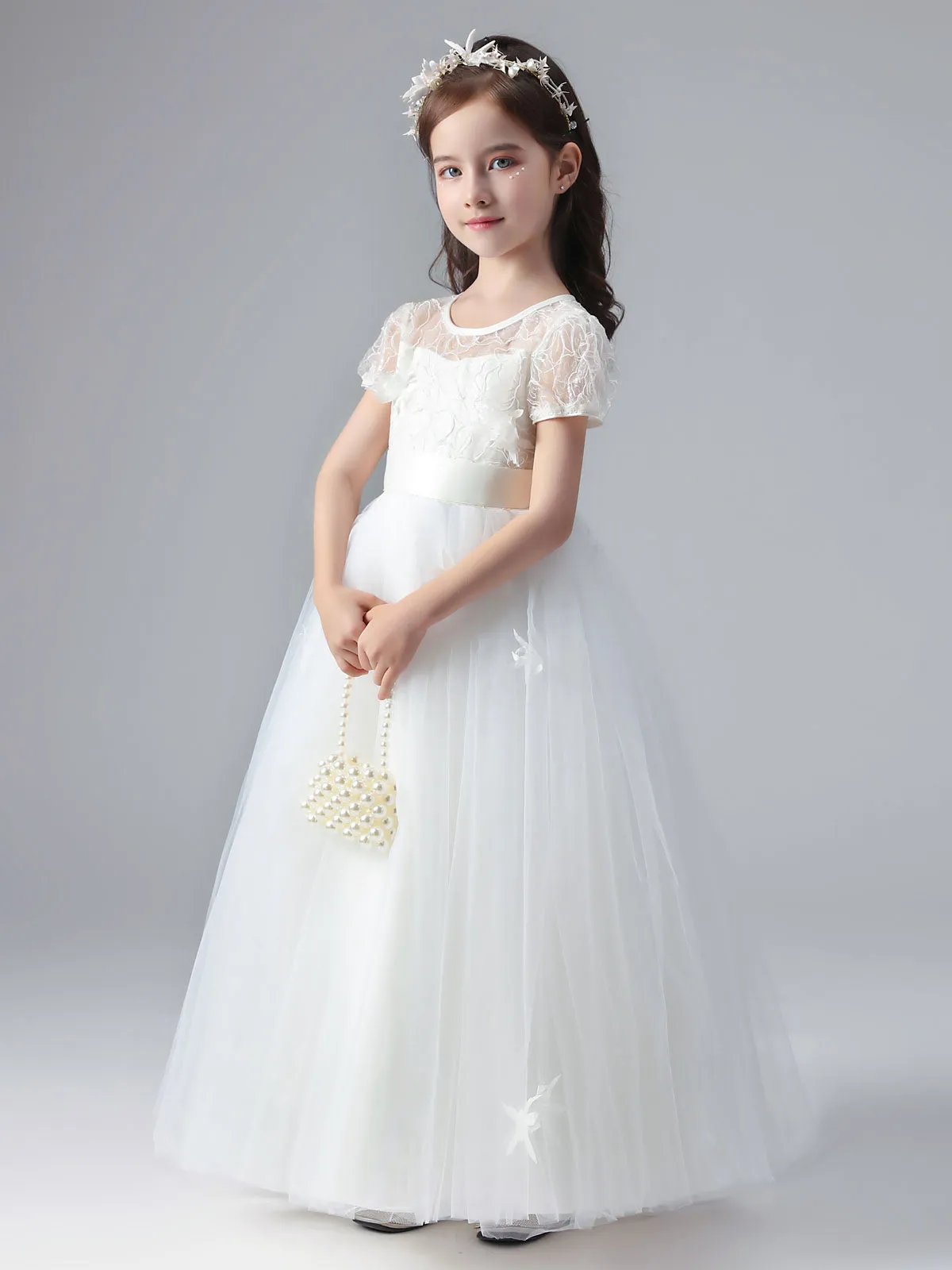 White Jewel Neck Short Sleeves Flowers Embellishment Tulle Lace Kids Social Party Dresses