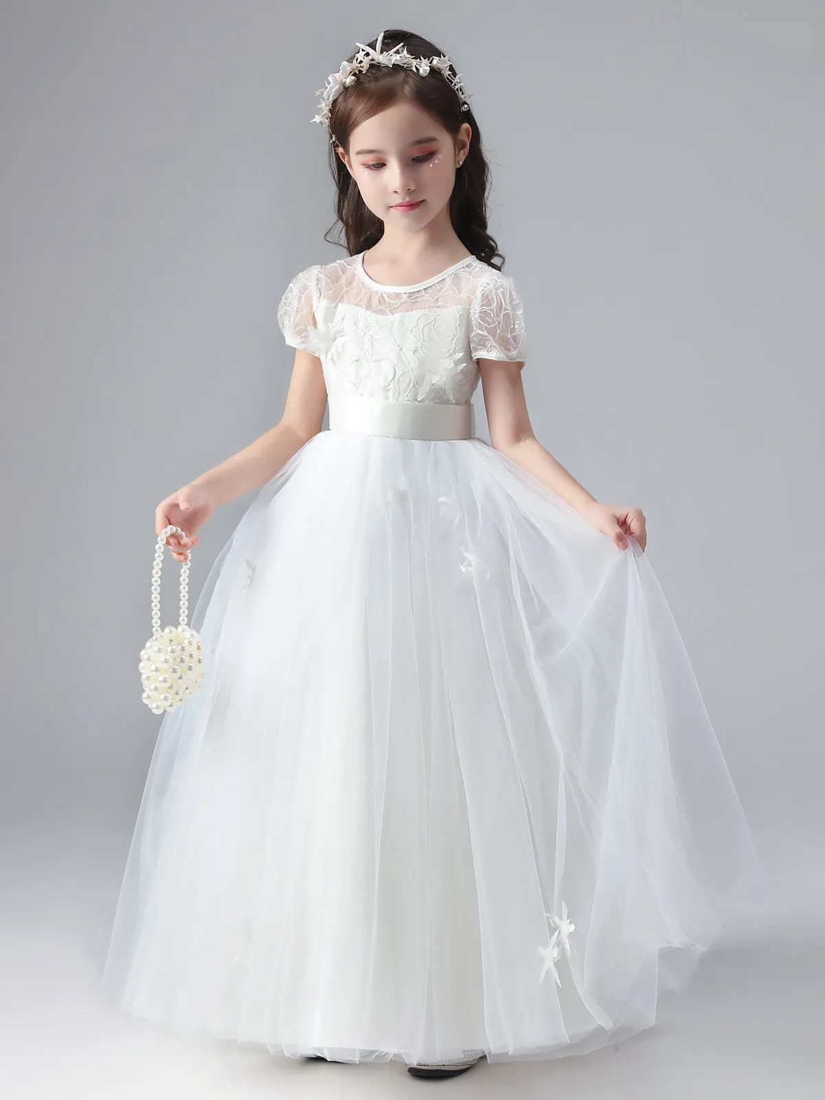 White Jewel Neck Short Sleeves Flowers Embellishment Tulle Lace Kids Social Party Dresses