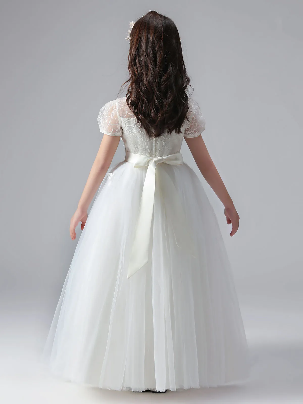 White Jewel Neck Short Sleeves Flowers Embellishment Tulle Lace Kids Social Party Dresses