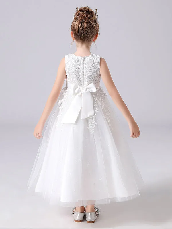 White Jewel Neck Sleeveless Bows Kids Party Dresses Princess Dress