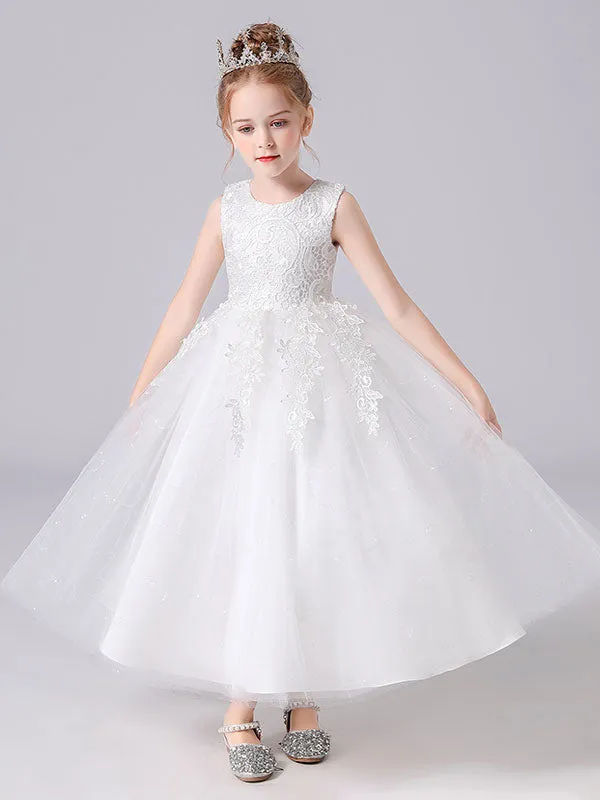 White Jewel Neck Sleeveless Bows Kids Party Dresses Princess Dress